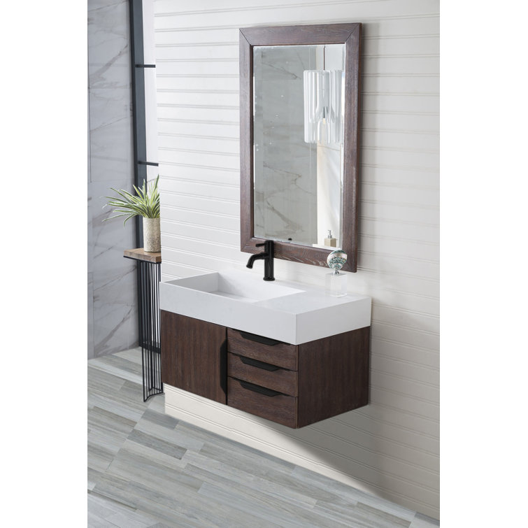 Glossy White Solid Wood Wall-Mount Single Vanity with Matte Black Hardware