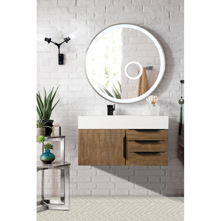 Glossy White Solid Wood Wall-Mount Single Vanity with Matte Black Hardware
