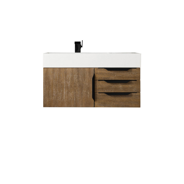 Glossy White Solid Wood Wall-Mount Single Vanity with Matte Black Hardware