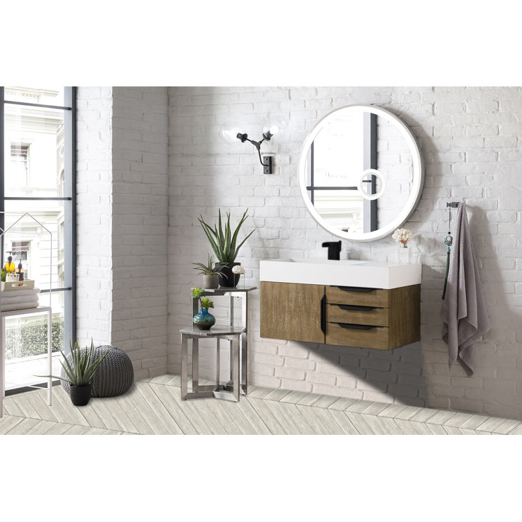 Glossy White Solid Wood Wall-Mount Single Vanity with Matte Black Hardware