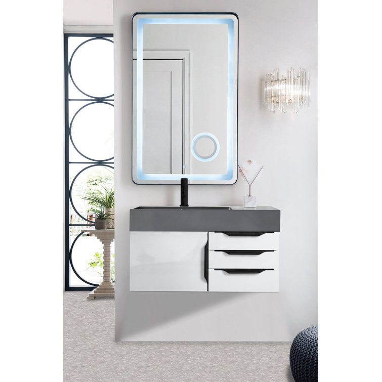 Glossy White Solid Wood Wall-Mount Single Vanity with Matte Black Hardware