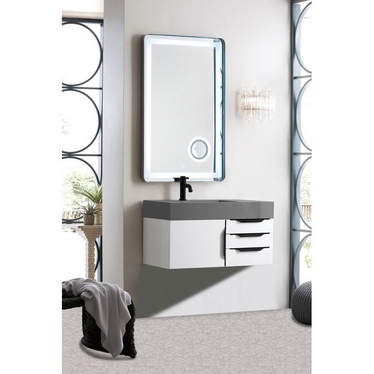 Glossy White Solid Wood Wall-Mount Single Vanity with Matte Black Hardware