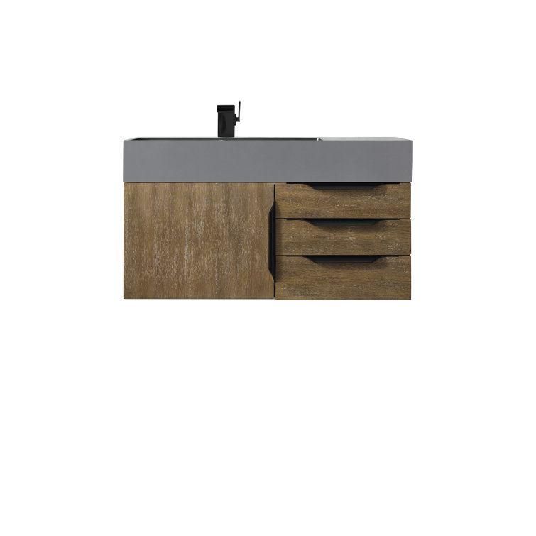 Glossy White Solid Wood Wall-Mount Single Vanity with Matte Black Hardware