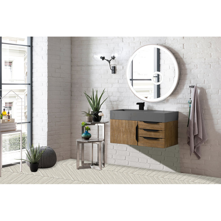 Glossy White Solid Wood Wall-Mount Single Vanity with Matte Black Hardware