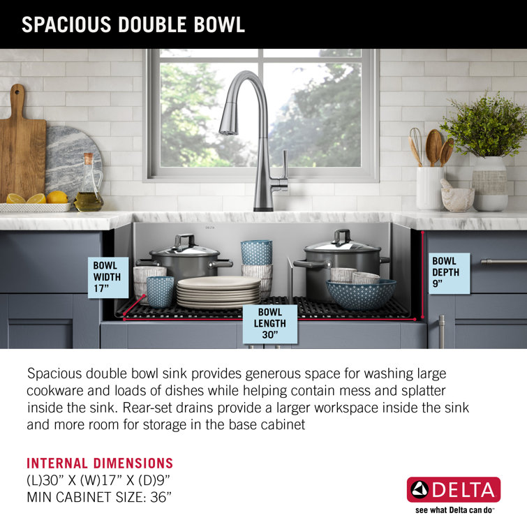 Delta Lenta 32" Satin Stainless Steel Double Bowl Undermount Kitchen Sink