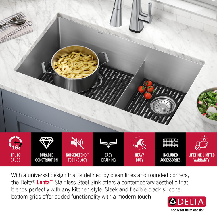 Delta Lenta 32" Satin Stainless Steel Double Bowl Undermount Kitchen Sink