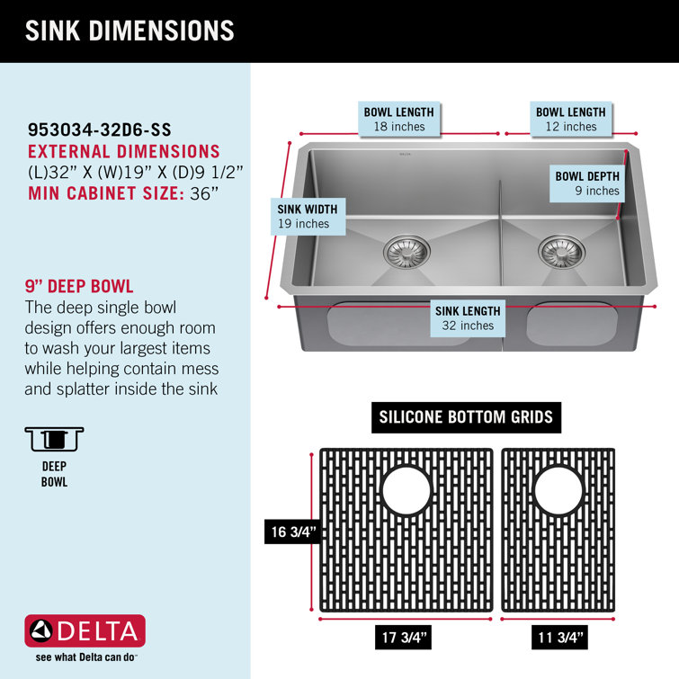 Delta Lenta 32" Satin Stainless Steel Double Bowl Undermount Kitchen Sink