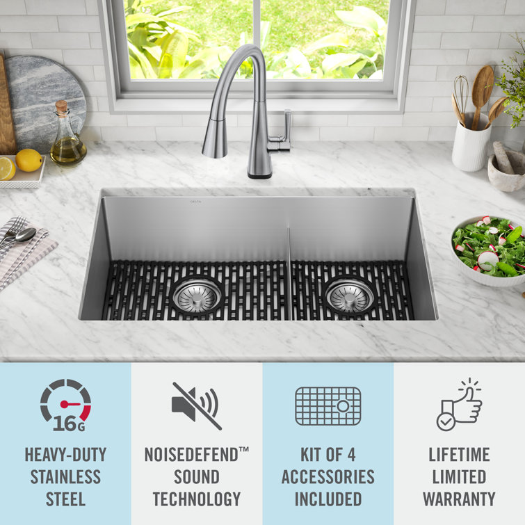 Delta Lenta 32" Satin Stainless Steel Double Bowl Undermount Kitchen Sink