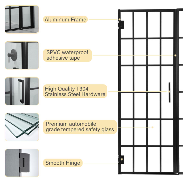 34" Matte Black Semi-Frameless Pivot Shower Door with Patterned Glass