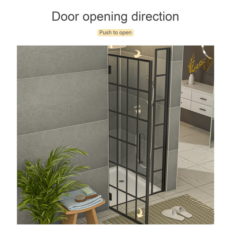 34" Matte Black Semi-Frameless Pivot Shower Door with Patterned Glass