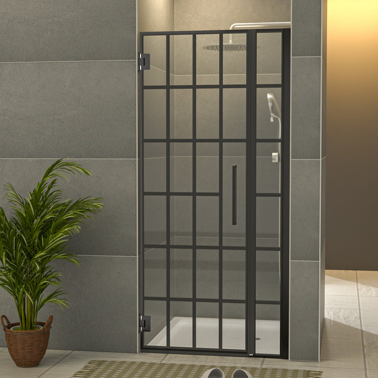 34" Matte Black Semi-Frameless Pivot Shower Door with Patterned Glass