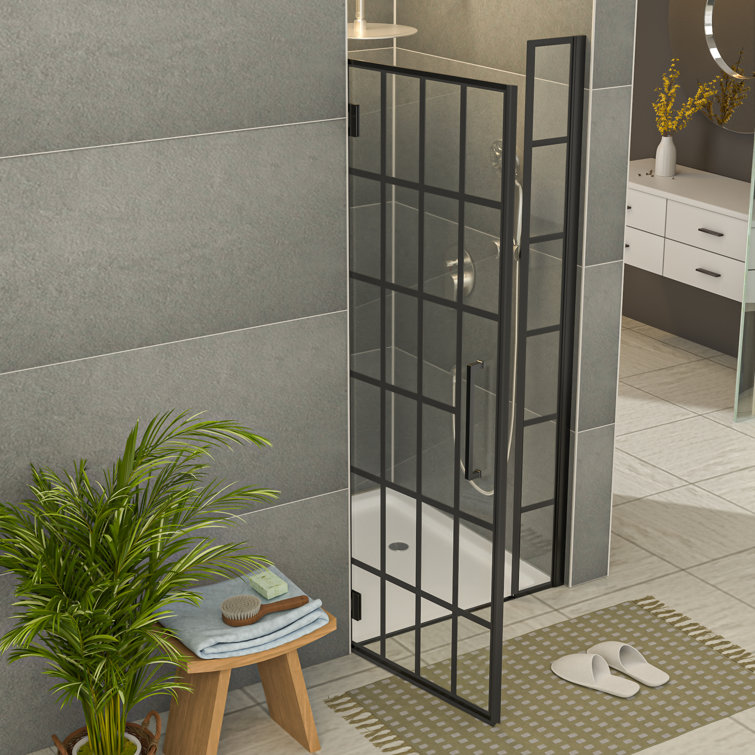 34" Matte Black Semi-Frameless Pivot Shower Door with Patterned Glass