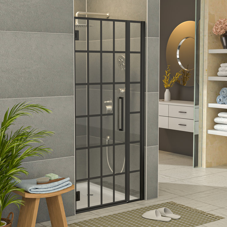 34" Matte Black Semi-Frameless Pivot Shower Door with Patterned Glass