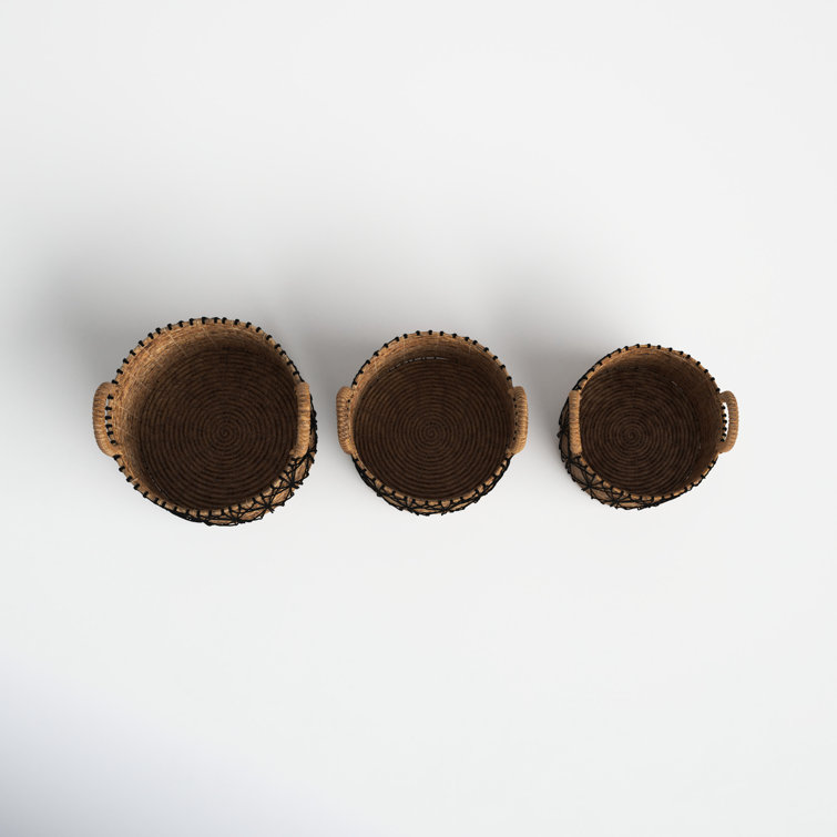 Handmade Brown and Black Banana Leaf Storage Baskets with Handles, Set of 3