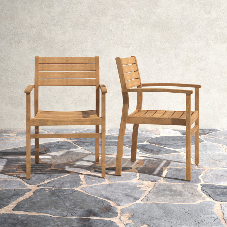 Teak Brown Outdoor Stacking Dining Armchairs, Set of 2
