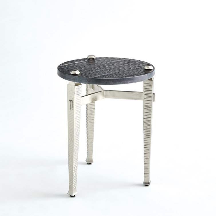 Round Black Marble and Nickel Metal Side Table