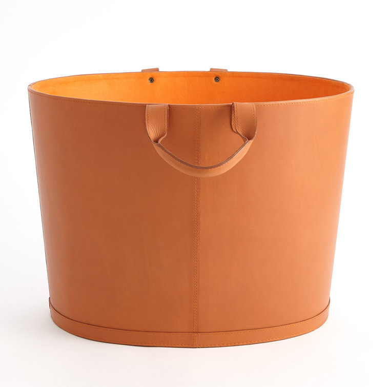 Oversized Oval Orange Leather Storage Basket