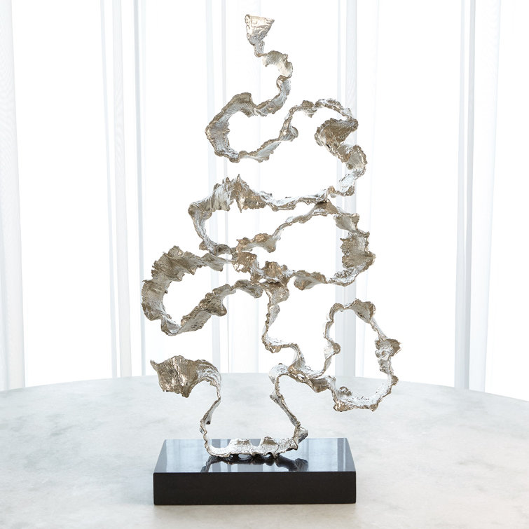 Nickel Squiggles Sculpture with Black Granite Base
