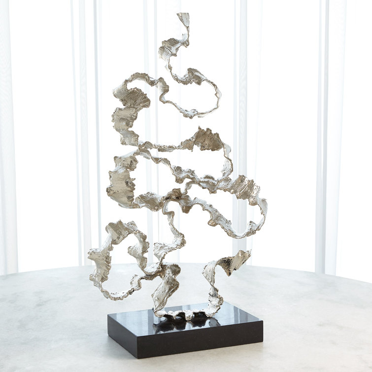Nickel Squiggles Sculpture with Black Granite Base