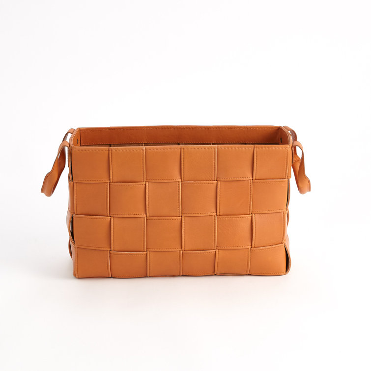 Contemporary Soft Woven Orange Leather Small Storage Basket