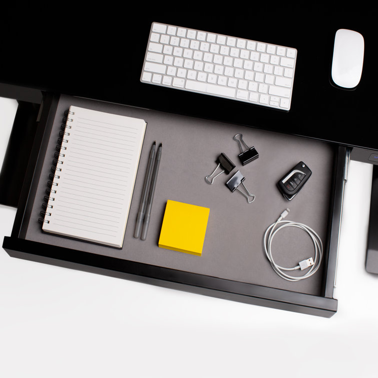Black Adjustable Height Glass Standing Desk with USB Port and Drawer