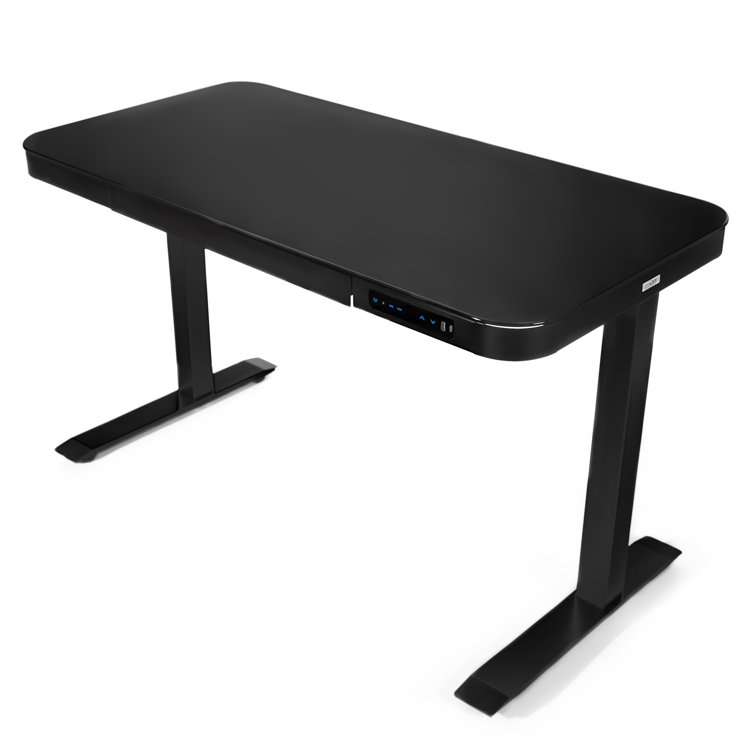 Black Adjustable Height Glass Standing Desk with USB Port and Drawer