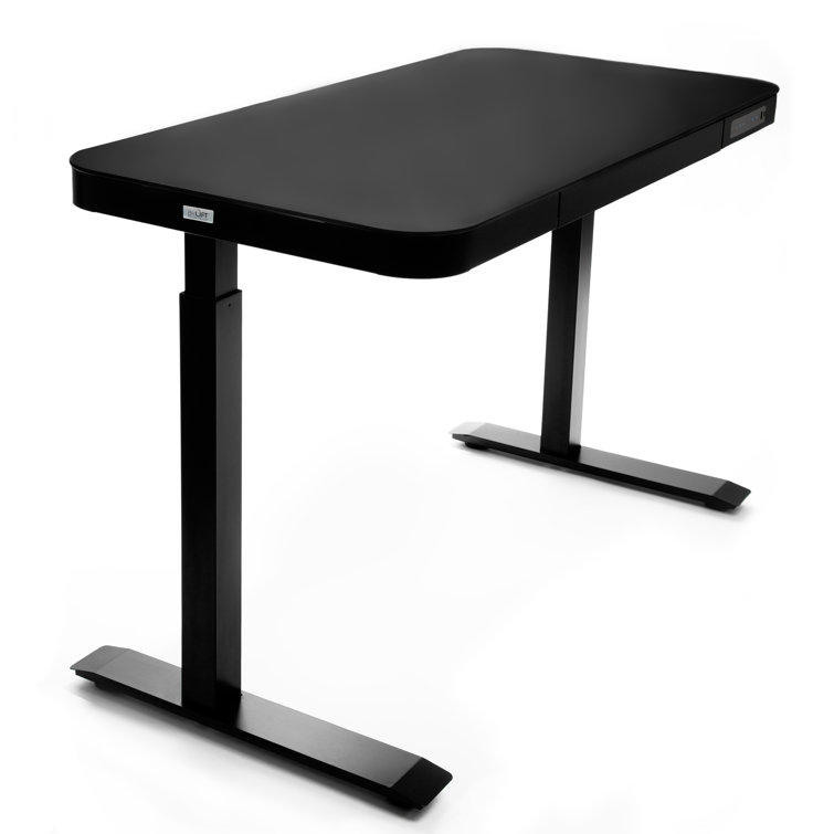 Black Adjustable Height Glass Standing Desk with USB Port and Drawer