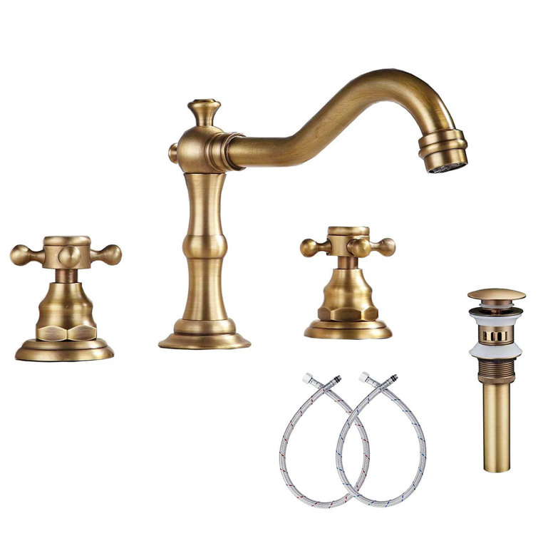 Antique Brass Widespread 2-Handle Bathroom Faucet with Drain Assembly