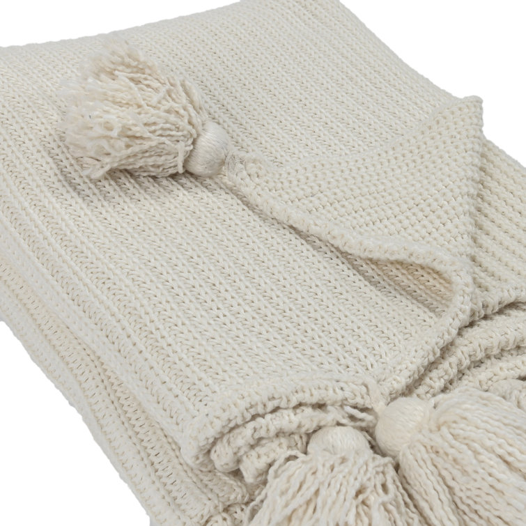Ivory Classic Knit 100% Cotton Throw with Oversized Tassels 50" x 70"