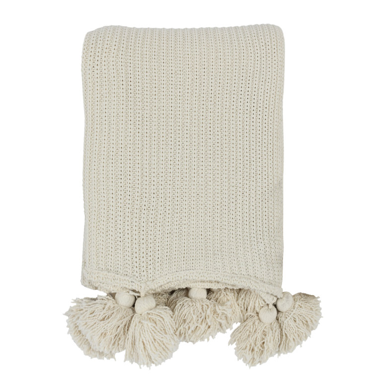 Ivory Classic Knit 100% Cotton Throw with Oversized Tassels 50" x 70"