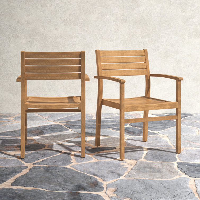Teak Brown Outdoor Stacking Dining Armchairs, Set of 2