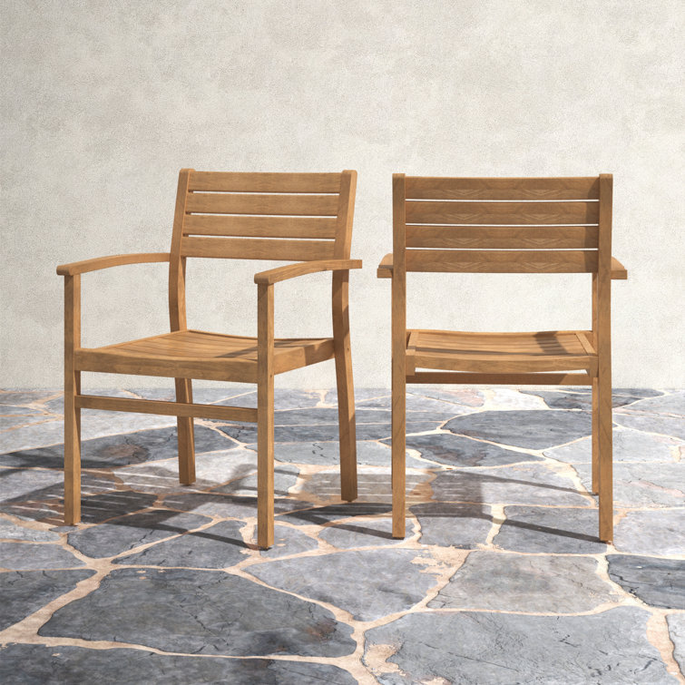 Teak Brown Outdoor Stacking Dining Armchairs, Set of 2