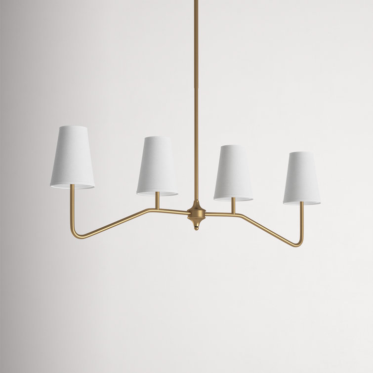 Natural Brass 4-Light Linear Chandelier with White Fabric Shades