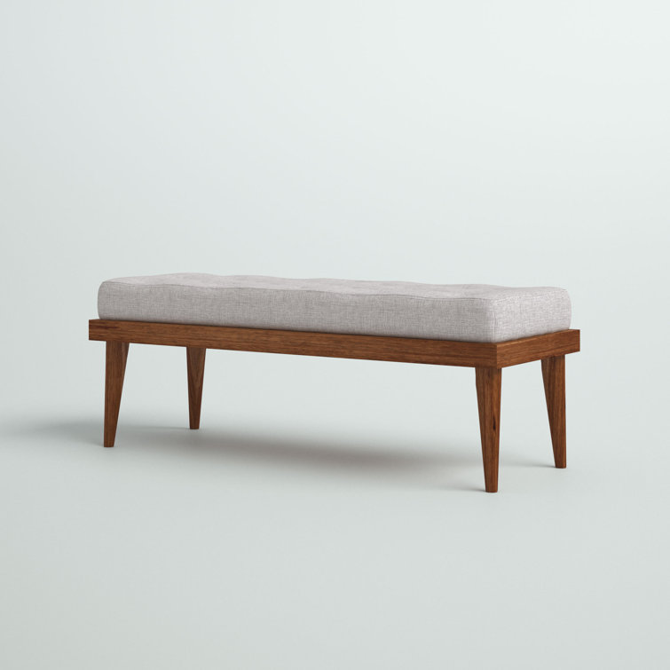 Grayish Beige Foam Upholstered Bench with Walnut Finish