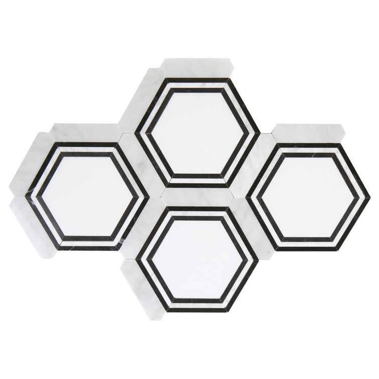 Polished White and Black Marble Hexagon Mosaic Tile