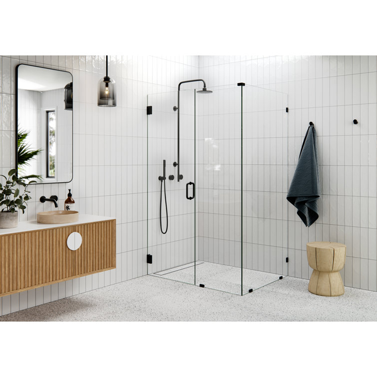 Matte Black Frameless Glass Shower Enclosure with Brass Fittings