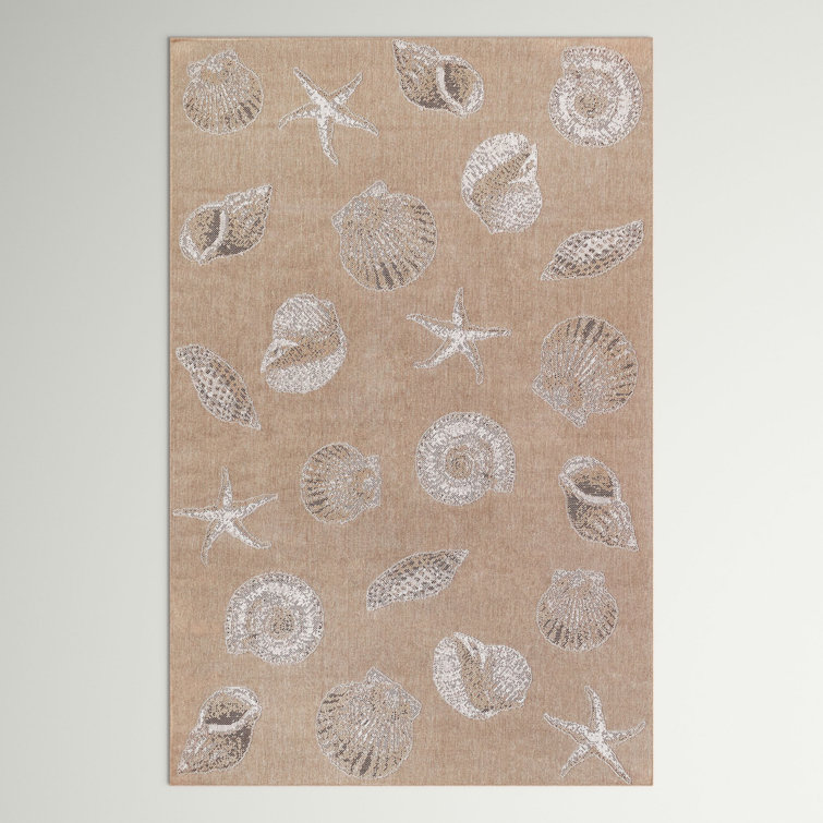 Sand and White Synthetic Coastal Rectangular Area Rug