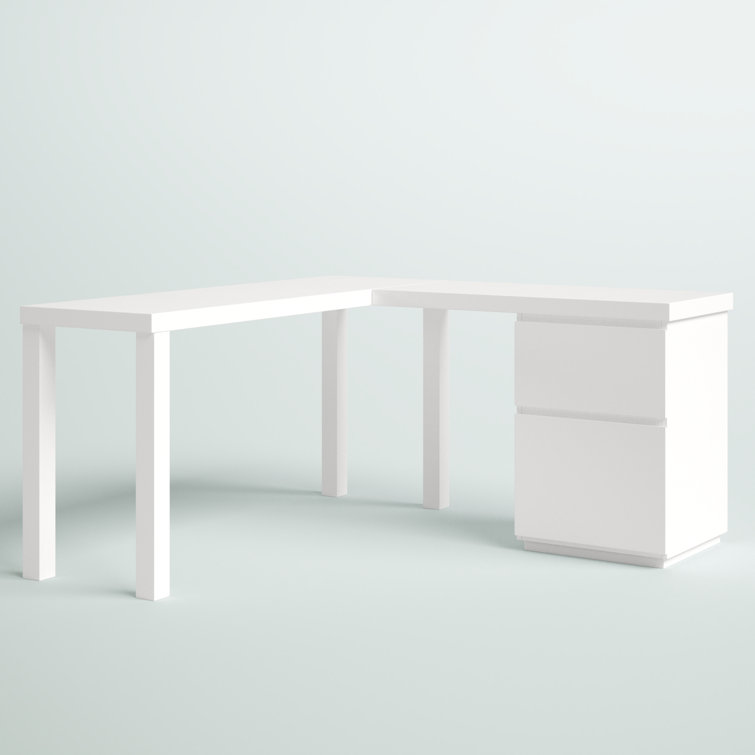 Executive White L-Shaped Desk with Filing Cabinet and Drawers