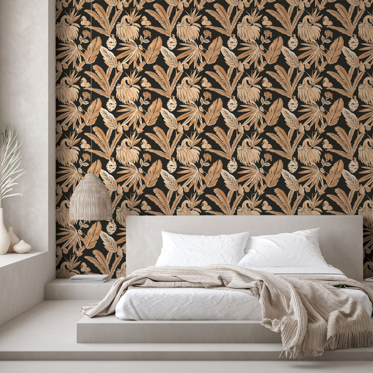 Black and Beige Tropical Flamingo Peel and Stick Wallpaper Roll