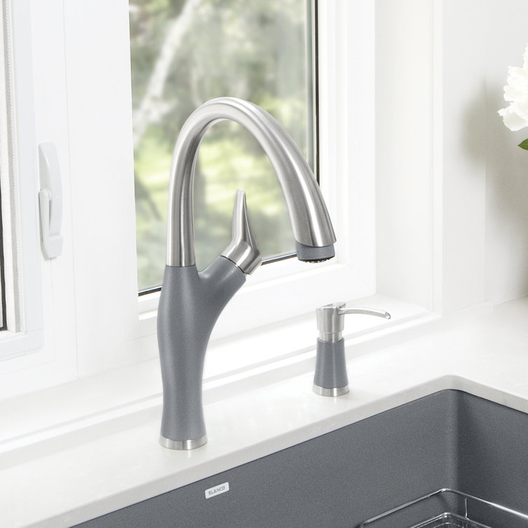 Metallic Gray Stainless Steel Pull-Down Kitchen Faucet