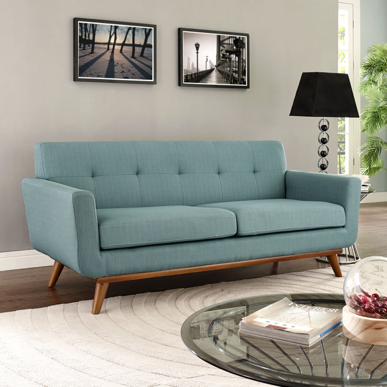 Laguna Blue Tufted Fabric Loveseat with Wood Legs