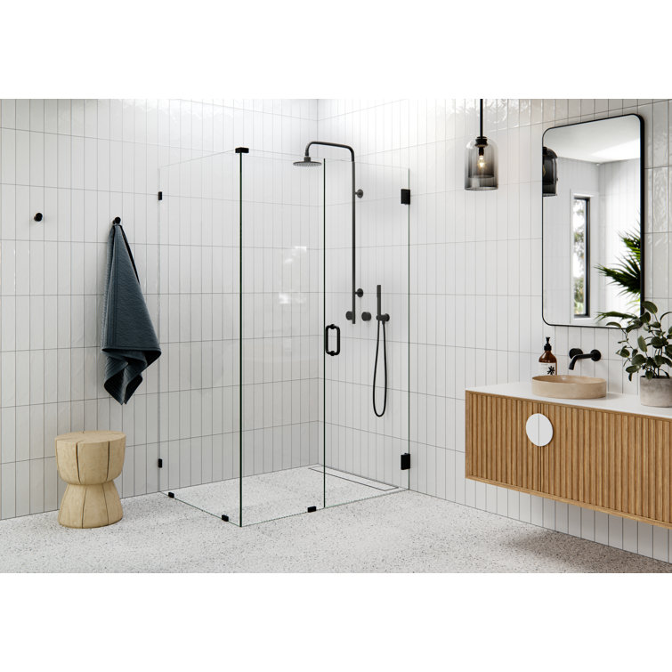 Matte Black Frameless Glass Shower Enclosure with Brass Fittings