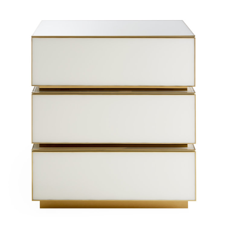 Torino Glam White Glass 3-Drawer Chest with Brass Accents