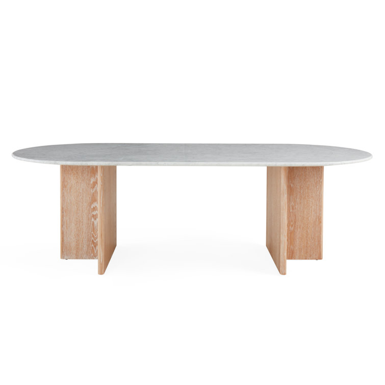 Oval White Marble and Oak Pedestal Dining Table
