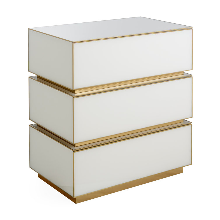 Torino Glam White Glass 3-Drawer Chest with Brass Accents