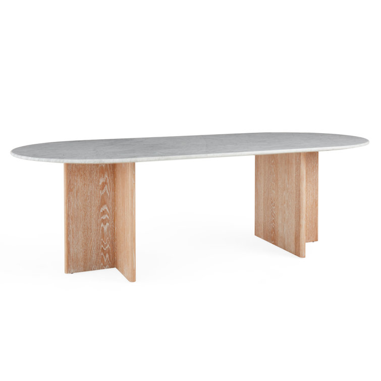 Oval White Marble and Oak Pedestal Dining Table