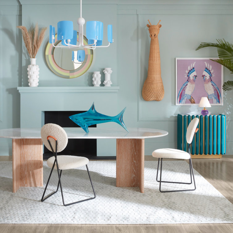 Oval White Marble and Oak Pedestal Dining Table
