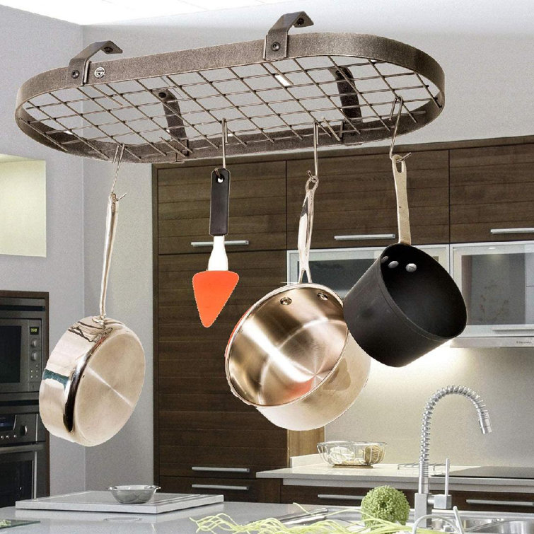 Handcrafted Hammered Steel Low-Ceiling Oval Pot Rack with Hooks