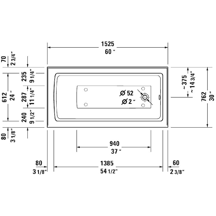 Duravit 60" White Acrylic Alcove Soaking Bathtub