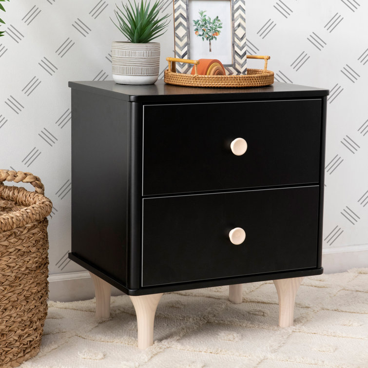 Black and Natural 2-Drawer Nightstand with USB Port